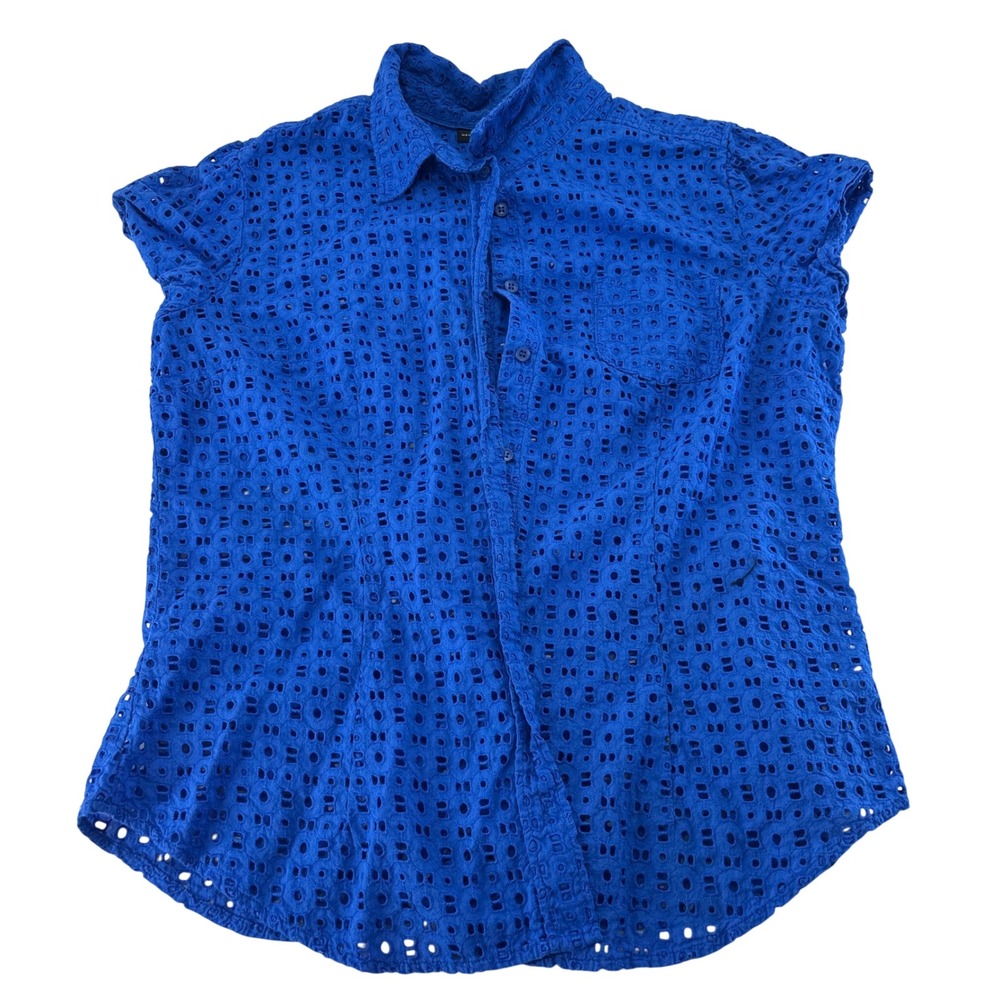 New York & Company Royal Blue Eyelet Cotton Button Up Shirt XL Short Sleeve